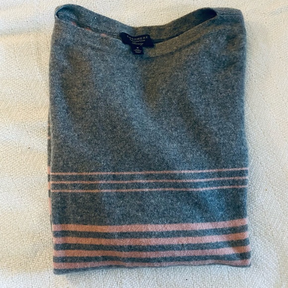 Medium Cashmere Crewneck Sweater in Heather Gray w/ Pink Stripes - Picture 2 of 6